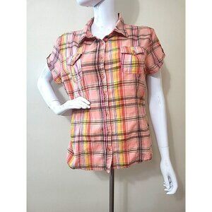 Thre3 Womens Plaid Cap Sleeve Button Up Top Size XL Multi Color